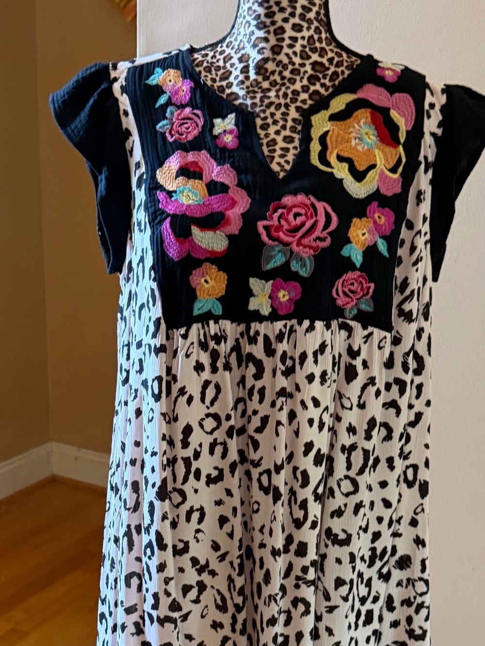 Savanna Jane Pink Leopard Print Dress with Black Embroidered Yoke - Picture 2 of 5